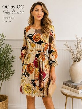 NWOT OC by OC Oleg Cassini 100% Silk Floral Belted Mini Dress Size 10